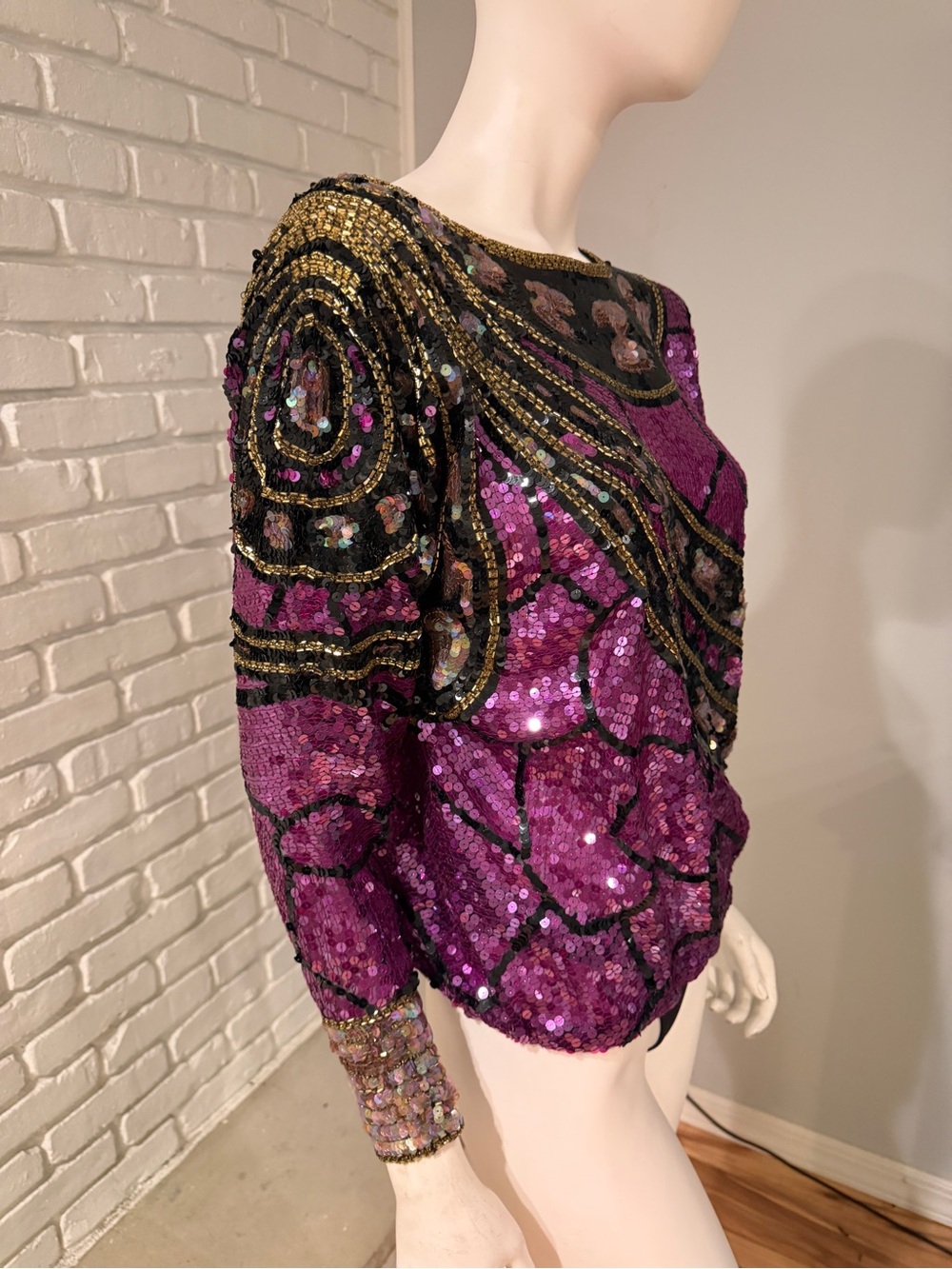 Jack Bryan Vintage Hand-Beaded Sequin Art Deco Top Purple Black Gold Size 6 - Picture 8 of 16